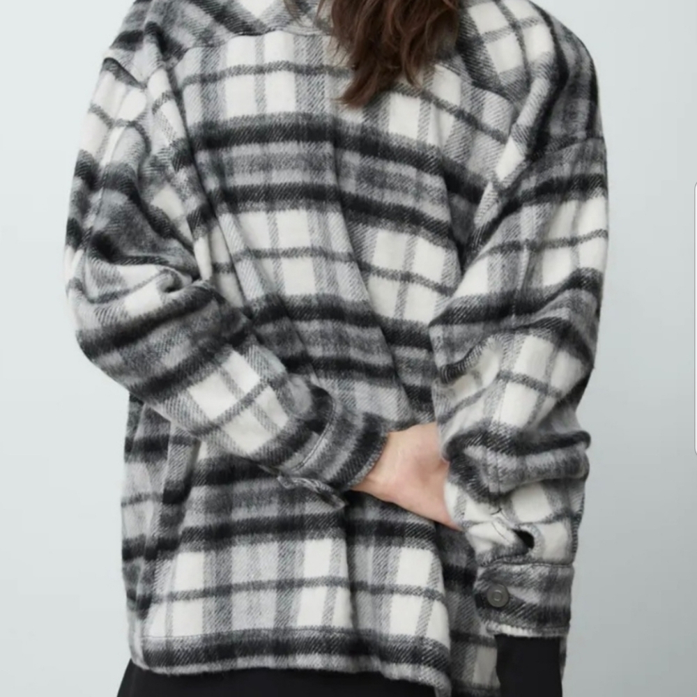 Zara Wool Blend Plaid Overshirt White/Black Size XS - Picture 2 of 13